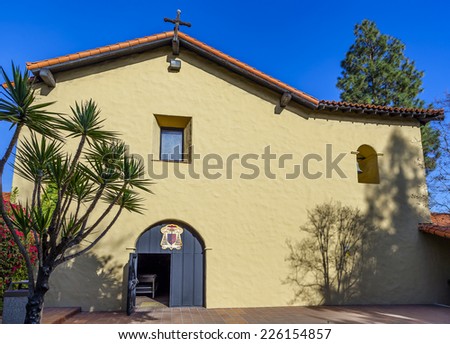 Church building with a small belfry at the Mission San Fernando, CA.