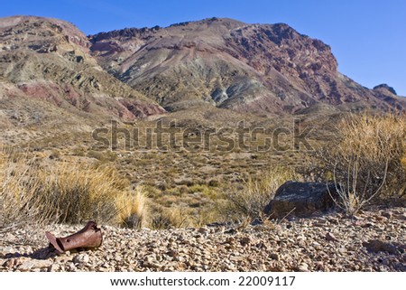 An open, empty food can, rusted and with a bullet hole, sitting on rocky desert floor next to a dry bush. Desert mountain in the background. Clear blue sky.