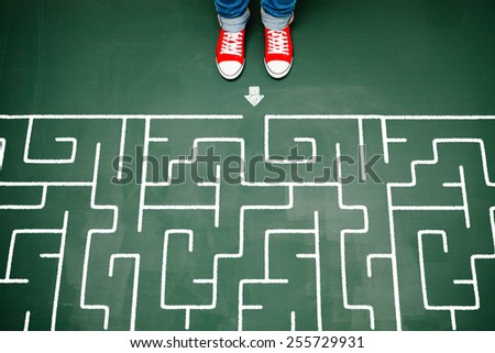 One person wearing red sneakers in front of a maze.