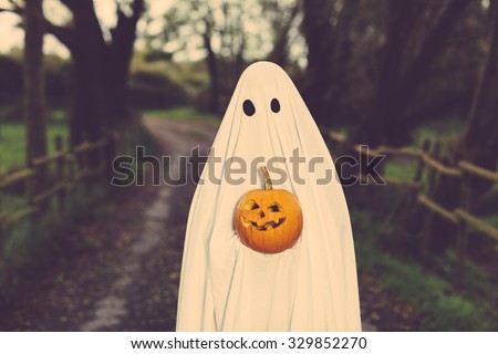 Ghost with a sheet and a halloween pumpkin on a rural path.