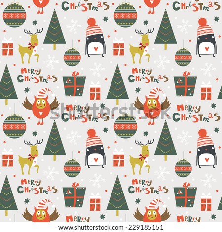 Stylish Merry Christmas seamless pattern with owl deer penguin tree gifts and toys in vector Seamless pattern can be used for wallpapers pattern fills web page backgrounds Stylish Merry Christmas seamless pattern with owl deer penguin tree gifts and toys in vector Seamless pattern can be used for wallpapers pattern fills web page backgrounds