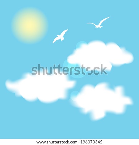Vector illustration of two flying birds in a blue sky with cumulus clouds and sun