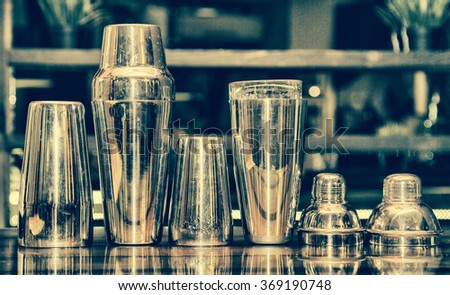 cocktail shaker, bartender tools, a set of equipment, bar, retro style, vintage, black and white photo toning