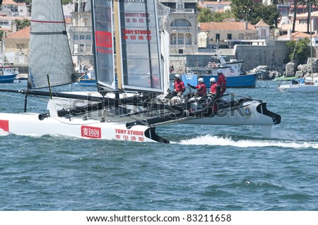 CASCAIS, PORTUGAL - AUGUST 14: Team China, participates in America\'s Cup AC World Series , Live Racing   on August 14, 2011 Cascais, Portugal