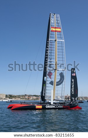 CASCAIS, PORTUGAL - AUGUST 14: Green Comm Racing ,Spain, participates in America\'s Cup AC World Series , Live Racing   on August 14, 2011 Cascais, Portugal