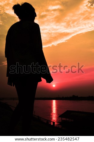 sun rise with girl siluate scene abstract