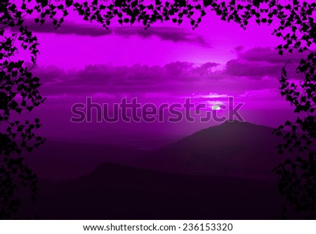 Beautiful sunset with cloud and mountain,tree foreground siluette frame,purple color tone