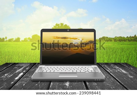 laptop notebook on the wood  table with grass field and sky background