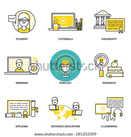 Education and e-learning vector icons set: student, tutorials, university, webinar, podcast, research, diploma, distance and online education. Modern line style
