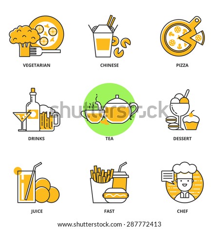 Food and drink vector icons set: vegetarian food, chinese food, pizza, alcoholic drinks, tea, dessert, juice, fast, chef. Modern line style