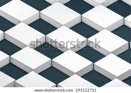 template to presentation. place for your design. many cards. stacks of paper. greeting cards. flyers. business cards. canvas background. checkerboard pattern. blue background