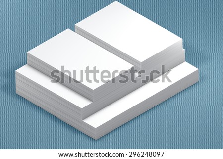 template to presentation. place for your design. many cards. stacks of paper. greeting cards. flyers. business cards. canvas background. A4. envelope. blue background