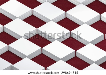 template to presentation. place for your design. many cards. stacks of paper. greeting cards. flyers. business cards. canvas background. checkerboard pattern. red background