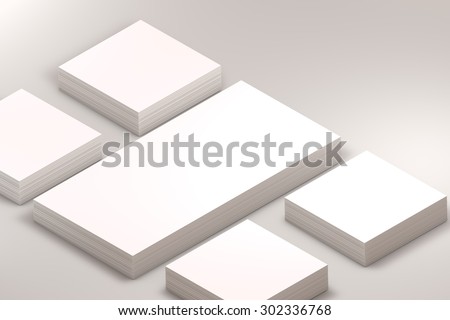 template to presentation. place for your design. many cards. stacks of paper. greeting cards. flyers. business cards. white background. envelope. warm light