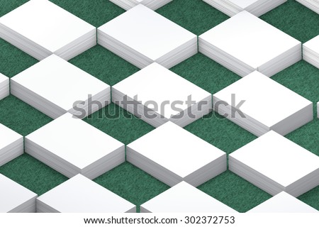 template to presentation. place for your design. many cards. stacks of paper. greeting cards. flyers. business cards. canvas background. checkerboard pattern. green background