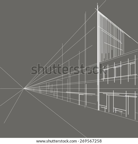linear architectural sketch perspective of street on gray background