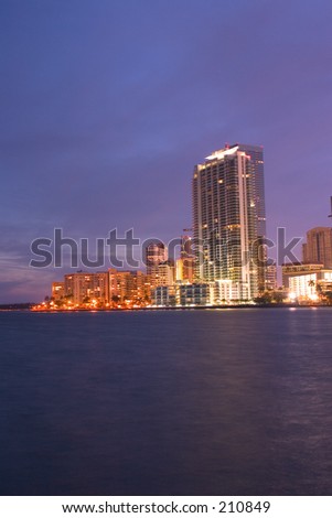 Night time in miami looking across from Brickell Key