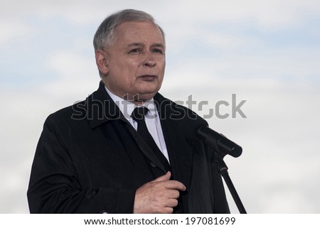 GRYFINO, POLAND - MAY 14, 2014: Press Conference during campaign to EU Parliament.Jaroslaw Kaczynski, former polish prime minister, leader of right-wing, conservative party Law and Justice (PiS).