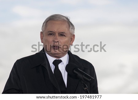GRYFINO, POLAND-MAY 14, 2014: Press Conference during campaign to EU Parliament.Jaroslaw Kaczynski, former polish prime minister, leader of right-wing, conservative party Law and Justice (PiS).