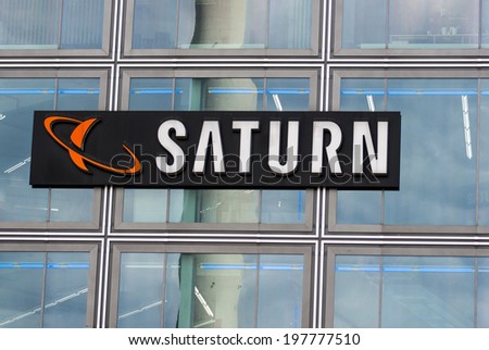 BERLIN, GERMANY - MAY 30, 2014:Saturn store logo. Saturn is a German chain of electronics stores, now found in several European countries.