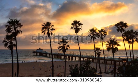 Sunset at Manhattan Beach and Pier in Southern California, Los Angeles.