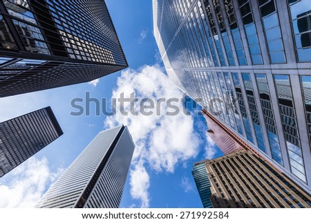 Looking up at skyscrapers in the financial district of Toronto Canada.