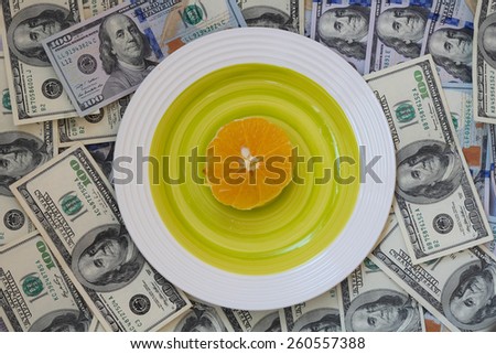 money, plate and oranges
