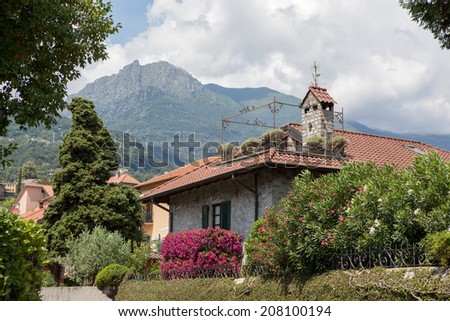 Beautiful house with green garden and flowers in the Italy