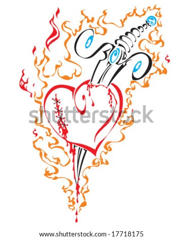 Broken Heart Tattoos on Tribal Tattoo Of Broken Heart With Knife In Fire Isolated On White