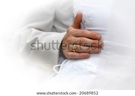 Just Married. Groom\'s hand with gold ring
