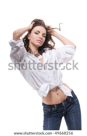 sexy woman in white shirt isolated on white