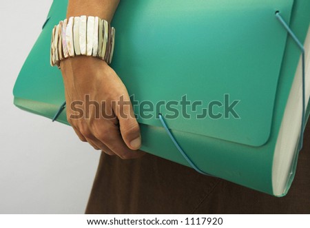 Woman\'s arm holding big file.
