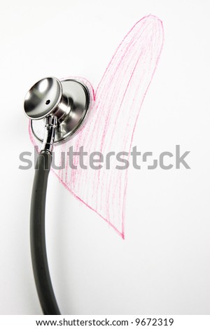 Health check concept with stethoscope over a drawing of a heart.