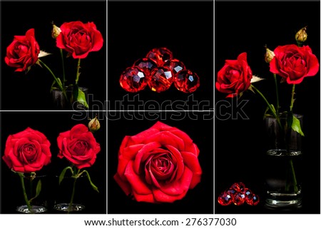 Floral collage, background. Red roses wallpaper, flowers and beads on black texture, soft focus and lighting