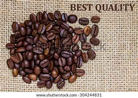 Coffee wallpaper, grains of coffee plant  on burlap, sackcloth texture,\