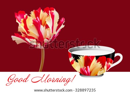 Beautiful tulip  and  tea cup designed with parrot tulip\'s image on dark red background, soft blur style. Colorful  floral wallpaper, greeting card. \