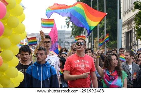 Sofia - JUNE 27: 1000 people took part in the Paris Gay Pride parade to support gay rights, on June 27, 2015 in Sofia, Bulgaria.