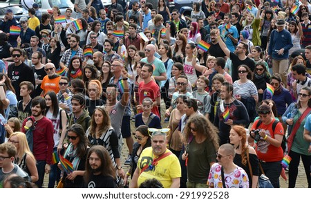 Sofia - JUNE 27: 1000 people took part in the Paris Gay Pride parade to support gay rights, on June 27, 2015 in Sofia, Bulgaria.