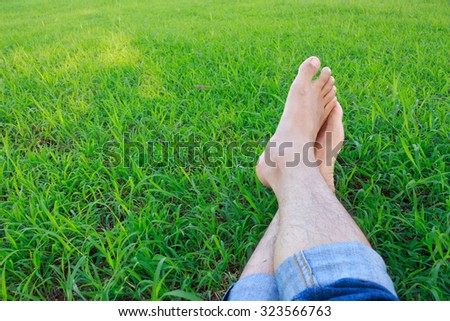 unique perspective grass relax foot leg happy time