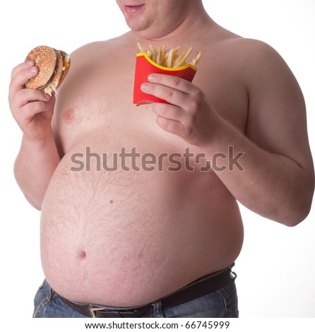 stock photo Fat man with hamburger and chips isolated