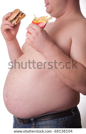 stock photo Fat man with sandwich and chips on white background