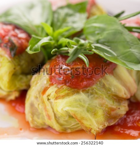 Savoy cabbage rolls stuffed with meat on white plate on wooden table