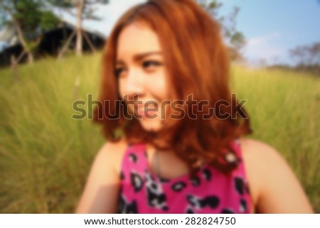blur Selfie of woman asian Beautiful Young Woman Outdoors. Enjoy Nature