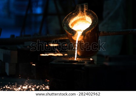 Water molten metal Being poured from the crucible Into the sand mold