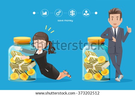 business man and woman Trying to collect money.The savings money from business.Interest on bank deposits.Investment routine.Money from a hobby.The Small Business Investment.Graphic and vector EPS 10.