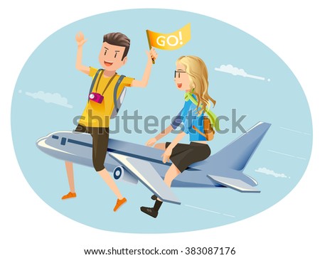 Travel by plane.Couple travelers.The pleasure of traveling by plane.Travel Fast.Open a new experience travel.Fun to travel with the best airline.Honeymoon.Graphic design and EPS 10.