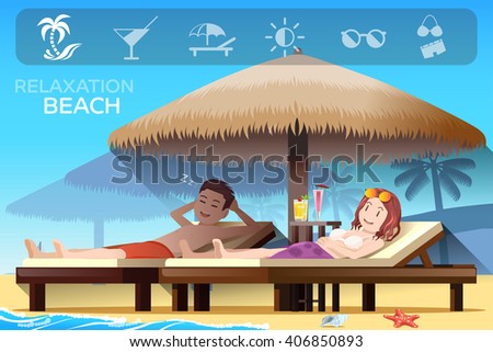Couple tourism and tropical relax style. Ambiance of the beach.Summer holidays. Illustrated books and websites about travel to the seaside.