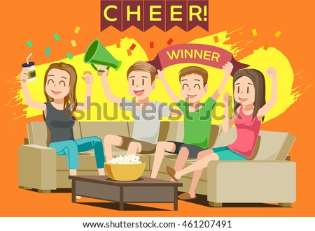Cheer sport in home. Party with friend or family. People excited While Watching television.