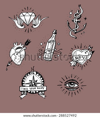 Hand drawn vector illustration or drawing of some old school tattoo designs Hand drawn vector illustration or drawing of some old school tattoo designs