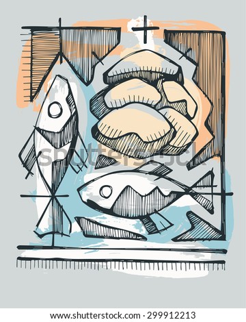 Hand drawn illustration or drawing of 2 fishes and 5 breads, representing Catholic Sacrament of Eucharist